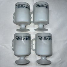 Vintage Lot Of 4 Pyrex Old Town Blue Onion Pedestal Mugs Cups Milk Glass #77