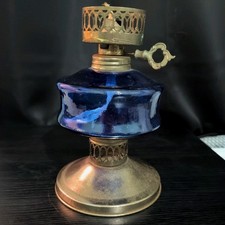 Vintage Cobalt Blue Glass Kerosene Oil Lamp Larger Size Wick Present Untested