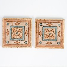 Italian Tiles 5.75 Square Set of 2 Textured Surface Italy Tan Aqua Cream Ceramic