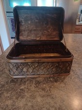 Vintage Hinged Wood Wicker Rattan Copper Woven Basket Storage Chest Trunk