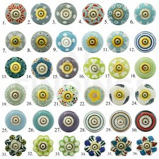 Ceramic door knobs knob shabby chic drawer handle Indian hand painted Blue Green