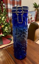 Vintage Cobalt Blue Glass Fruit Embossed Pasta Storage Jar, Canister & Clamp Lid