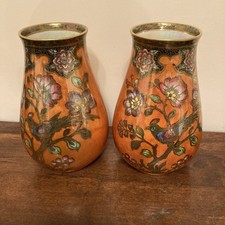 PAIR 1930s NEWHALL HANLEY LUCIEN BOUMIER WARE VASES ORANGE BACK GROUND LUSTRE