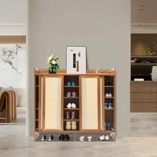 Shoe Cabinet With Two-way Sliding Doors 6 Tier Bamboo Free Standing Shoe Shelf