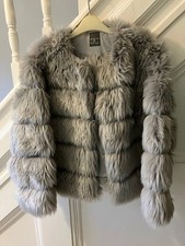 Primark GREY FAUX FUR JACKET PALE GREY SIZE M 12/14 vgc