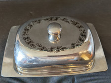 VINTAGE/USABLE STAINLESS STEEL BUTTER DISH WITH DECORATED LID