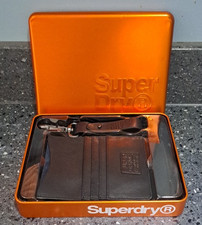 Superdry Men's Black  Leather Travel Wallet & Keyring Gift Set in Metal Tin NEW