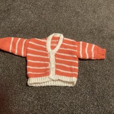 Hand Knitted Salmon & Cream Striped Baby Cardigan (Age: Approx New Born)
