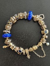 Rare Pandora 14k Gold Bracelet-23 Charm Diamonds/Sapphire/Murano Pristine 20cm