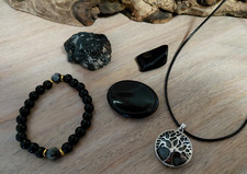 Black Tourmaline Crystal Set Raw & Tumbled Crystal, Necklace Bracelet Thumbstone