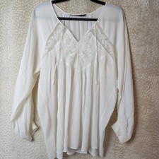 Zara Womens Lightweight Boho Blouse Size M Oversized Tie Front Lace Cream Nude