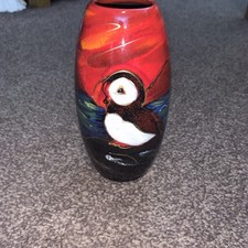 ANITA HARRIS ART POTTERY 18cm SKITTLE VASE Puffin Seascape Scene Hand Painted