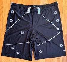 Men’s Pro Wrestling Deathmatch Gear Black Baggy Shorts Barbed Wire Bullet Holes