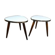 Mid Century Boho Atomic Side Tables Pair Tripod Legs White Formica Tops Vintage