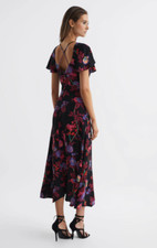 Reiss Black/Pink Leni Fitted Floral Print Midi Dress 8 Petite £248