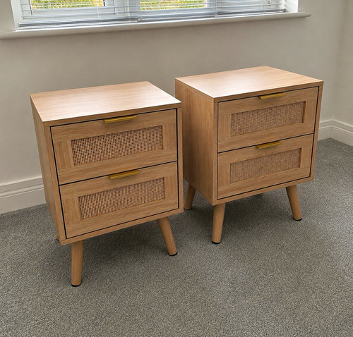 Wood rattan bedside tables - 2x,