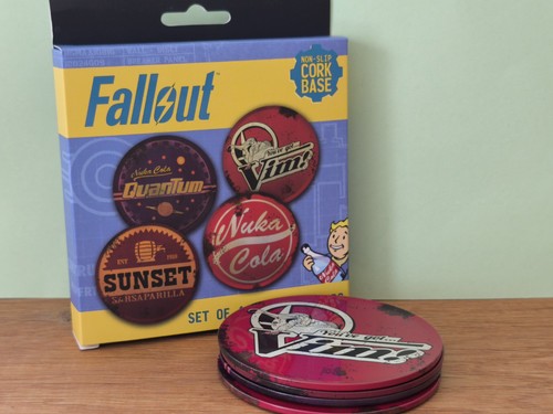 Four fallout metal coasters - metal, coasters-