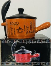 Ceramic Soup Bowl With Lid, Spoon, Handle, Orange & Black. Home Sweet Home. New.