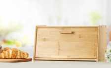 Bamboo Wooden Bread Bin Food Storage Box Holder With Lift Up Lid Huge Capacity