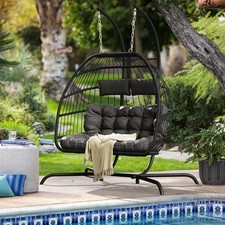 Double Swing Egg Chair Hanging with Cushion PE Wicker Rattan Hammock Chair