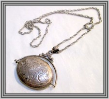 BIRKS c1950s Sterling - FLORAL ETCH OVAL SHAPE SILVER LOCKET & CHAIN NECKLACE