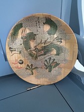 Vintage Round Chinese Bamboo Plate Decorative Oriental Dragon for Prosperity 70s