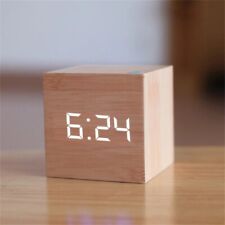 New Digital Wooden LED Alarm Clock Desktop Table Decor Thermometer Voice Control