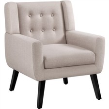 Tub Chair,  Button Tufted Armchair with Solid Wood Legs Linen Fabric  Beige