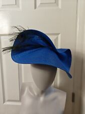 blue large straw fascinator peacock feather millinery headband wedding hat