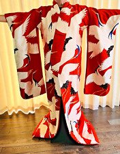 Vtg Japanese Uchikake Silk Wedding Kimono Robe Embroidered Birds Red Japan