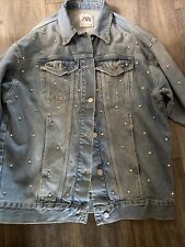 Zara Jeans Denim Coat Jacket Shirt Rhinestones Studded S - M  8 10 12 Oversized