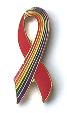 Rainbow LGBT Gay Pride & Red Ribbon Pin Badge - GOLD plated