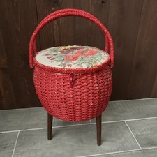 Vtg Wicker Sewing Basket With Legs Needlepoint Floral Red Stool Singer