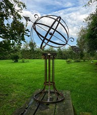 LARGE RUSTY METAL GARDEN ARMILLARY STYLE STEEL SCULPTURE SUNDIAL ORNAMENT
