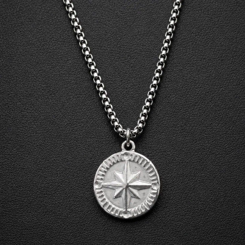 Men silver compass necklace - men's,