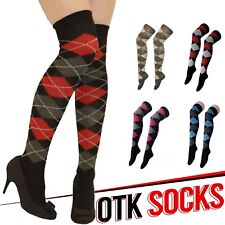 Womens Over The Knee Socks Girls Multi Colored Argyle OTK Socks UK Size 4-6