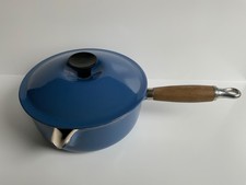 Vintage Le Creuset 20cm Cast Iron Blue Saucepan with Wooden Handle - France