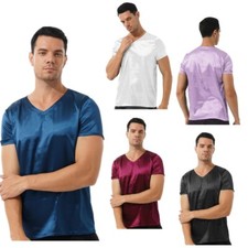 Men Tops Silk Shirts Pajamas Shirt Daily Blouse Smooth T-shirt Fit Top Casual