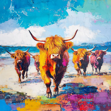 Highland Cow On The Beach Oil Art Luxury Canvas Wall Picture Print Colourful