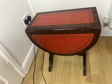 Vintage Wooden  Red Leather Inlay Top Drop Leaf   Side Table 