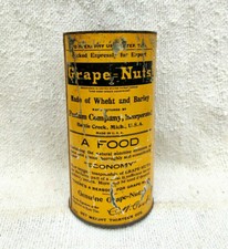 1940s Vintage Postum Cereal Co Grape Nuts Advertising Litho Tin Box Round TB204