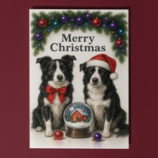 Border Collie Dogs - Snow Globe - Merry Christmas Card & Envelope Personalised