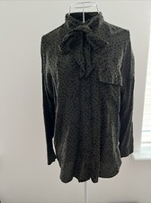 ZARA Animal Print Pussy Bow Long Sleeve Blouse MEDIUM - Khaki Green & Black