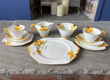 Beautiful Hand Painted Art Deco Paragon Bone China Tea Set For Two Yellow Crocus