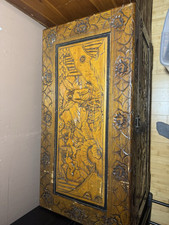 Carved Chinese Camphor Chest Depicting Oriental Scenes of People, Birds