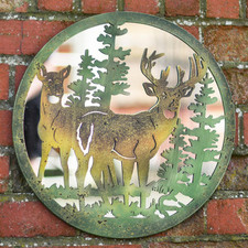 Stag and Doe Deer in Pine Forrest Mirrored Garden Wall Art Decor