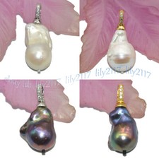 Huge 15x20mm Real Natural White Black Keshi Baroque Pearl Pendant 14KGold Plated