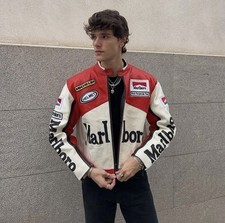 New Mens 90s  Marlboro Vintage Motorcycle Racing Biker Cow Leather Jacket