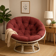 Vintage Rattan Papasan Chair with Burgundy Cushion—Cozy Boho Accent Lounge Seat