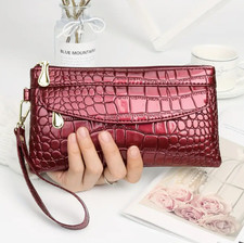 Ladies Faux Leather Patent Croc Print Clutch Bag, Evening Bag, Wrist Strap, UK